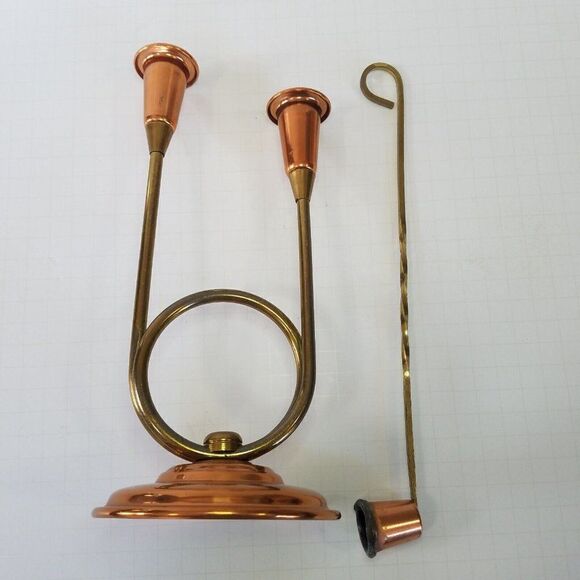 Vintage Coppercraft Guild Double Taper 10" Candle Holder Copper Brass & Snuffer - Picture 8 of 9